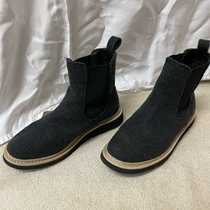 Wool material boots. Grey and tan trim. Very warm. Excellent condition, size 7.5